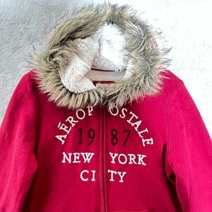 Y2K‎ Vintage Aeropostale 2010 Red Zip Hoodie New York City Faux Fur Trim XL